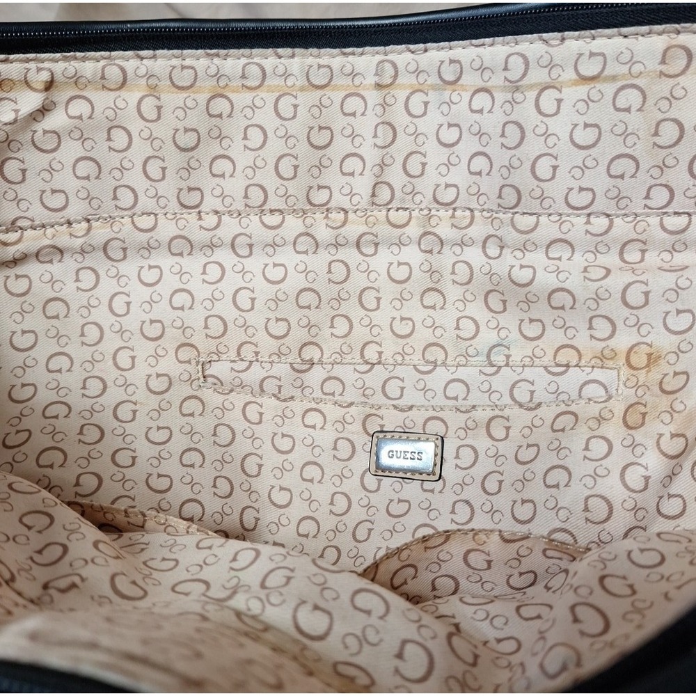 Vintage Guess Canvas Tote w Chain Handles 90s Retro Large Y2K Black Trim Metal - Picture 11 of 16